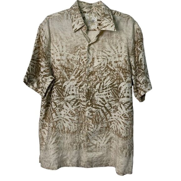 Tasso Elba Shirt Men's Size Large Silk Linen Blend Tropical Hawaiian Brown Beige - Picture 1 of 5